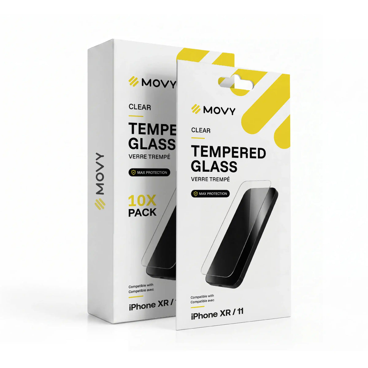 Emballage avant de 10 verres trempés transparents MOVY Clear pour iPhone XR, 11