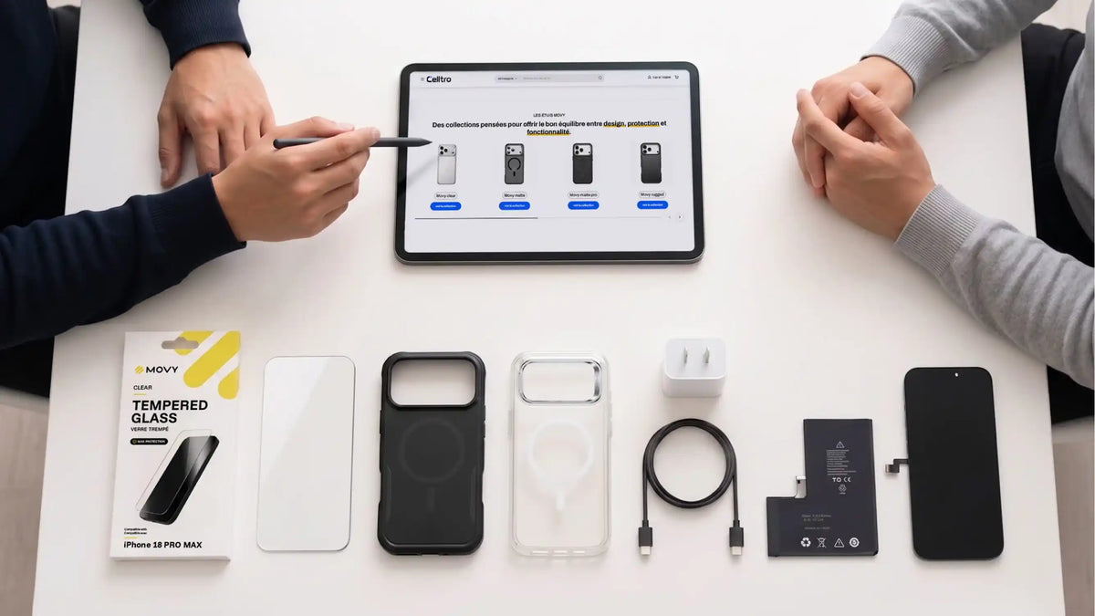Sélection de pièces et accessoires mobiles Celltro présentée à un professionnel sur tablette