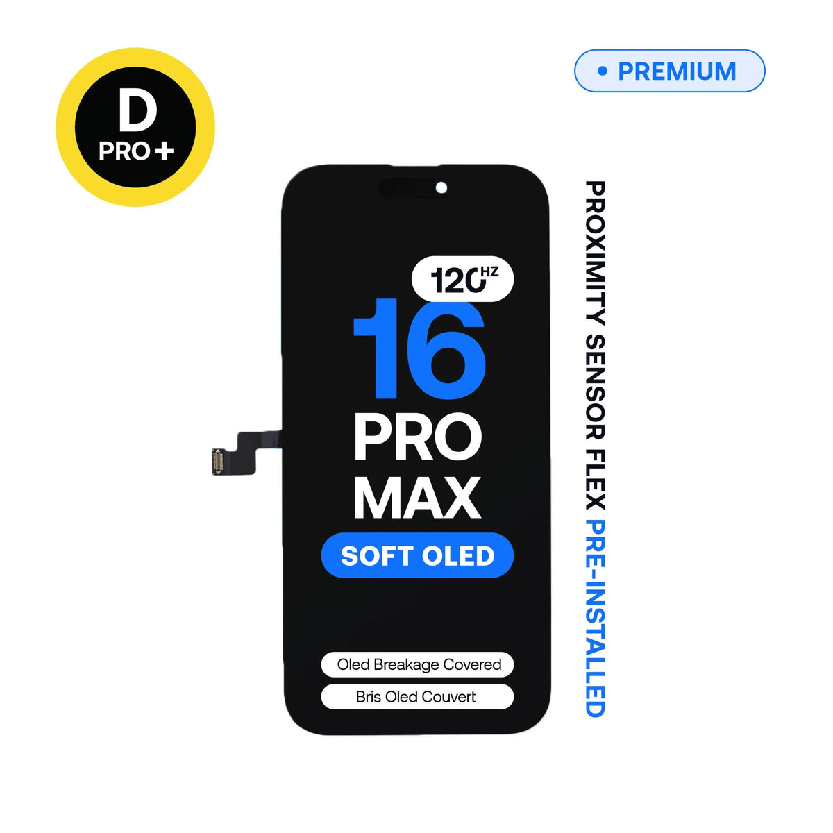 120Hz Diagnostic Soft OLED replacement screen, D-Pro+, for iPhone 16 Pro Max, pre-installed proximity sensor