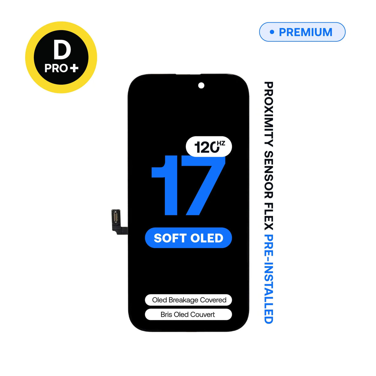 120Hz Diagnostic Soft OLED replacement screen, D-Pro+, for iPhone 17, pre-installed proximity sensor