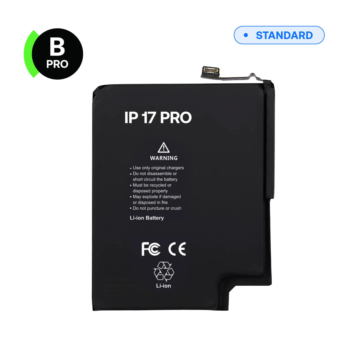 Batterie de remplacement B-Pro pour iPhone 17 Pro, vue avant avec nappe de connexion