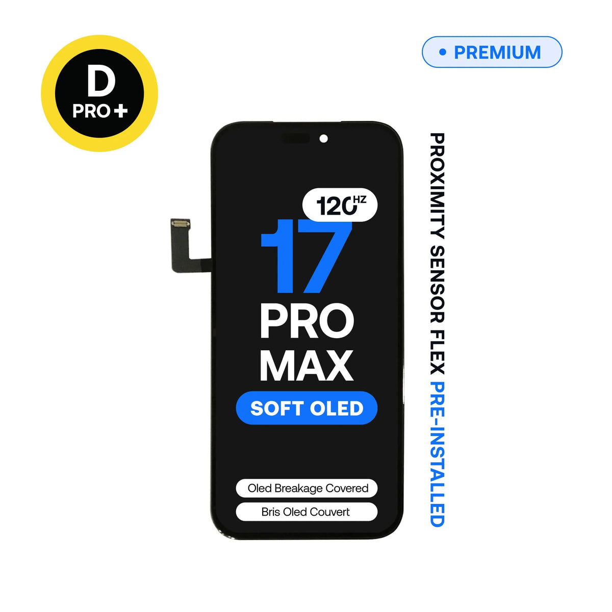 120Hz Diagnostic Soft OLED replacement screen, D-Pro+, for iPhone 17 Pro Max, pre-installed proximity sensor
