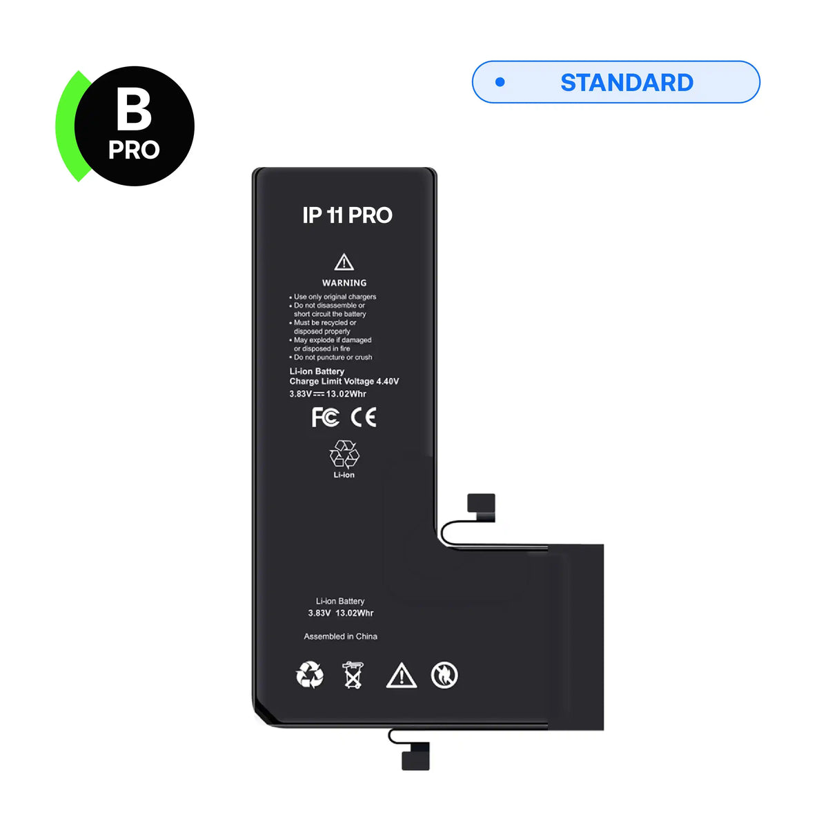 Replacement battery, B-Pro, for iPhone 11 Pro, front view with connector flex cable