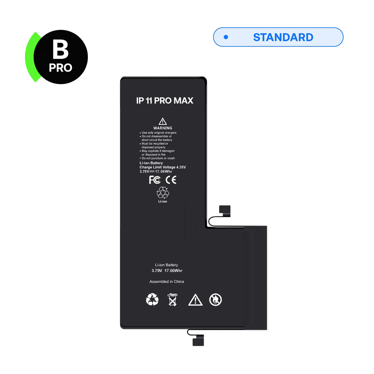 Batterie de remplacement B-Pro pour iPhone 11 Pro Max, vue avant avec nappe de connexion