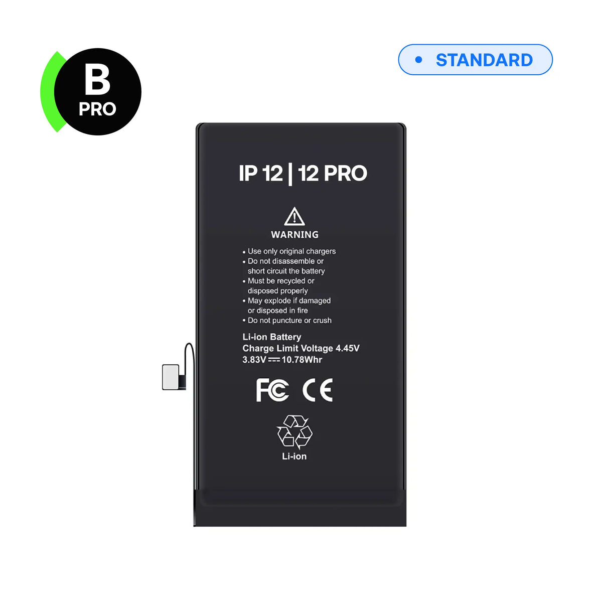 Replacement battery, B-Pro, for iPhone 12, 12 Pro, front view with connector flex cable