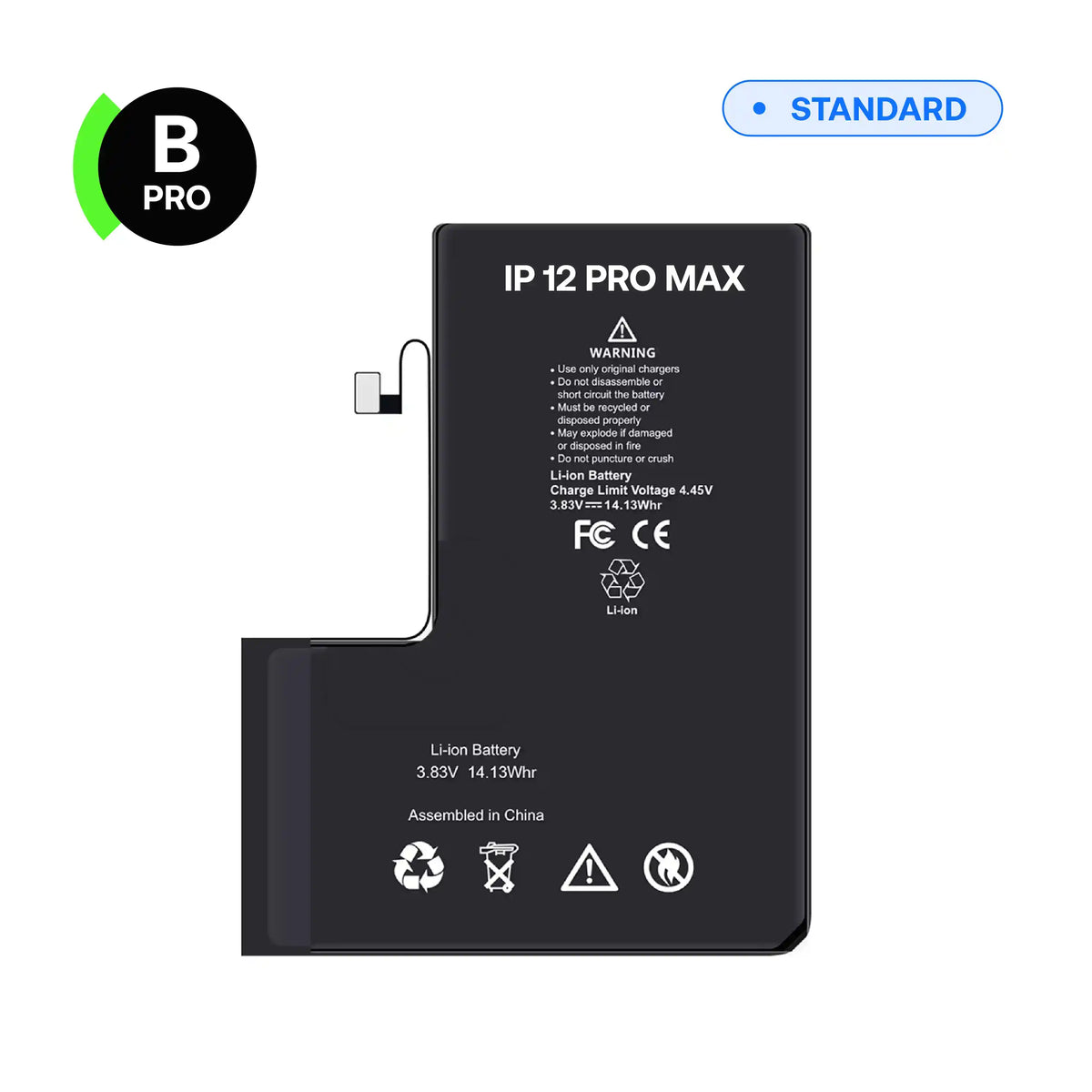Batterie de remplacement B-Pro pour iPhone 12 Pro Max, vue avant avec nappe de connexion