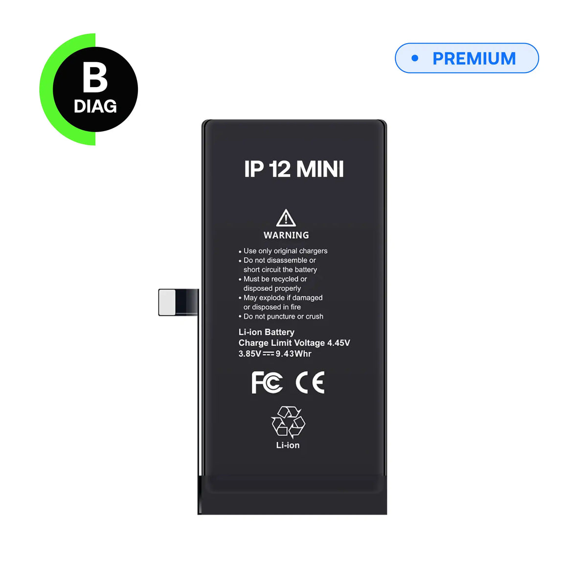Diagnostic battery, B-Diag, for iPhone 12 Mini, front view with connector flex cable