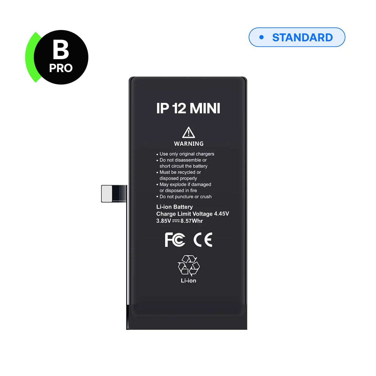 Replacement battery, B-Pro, for iPhone 12 Mini, front view with connector flex cable