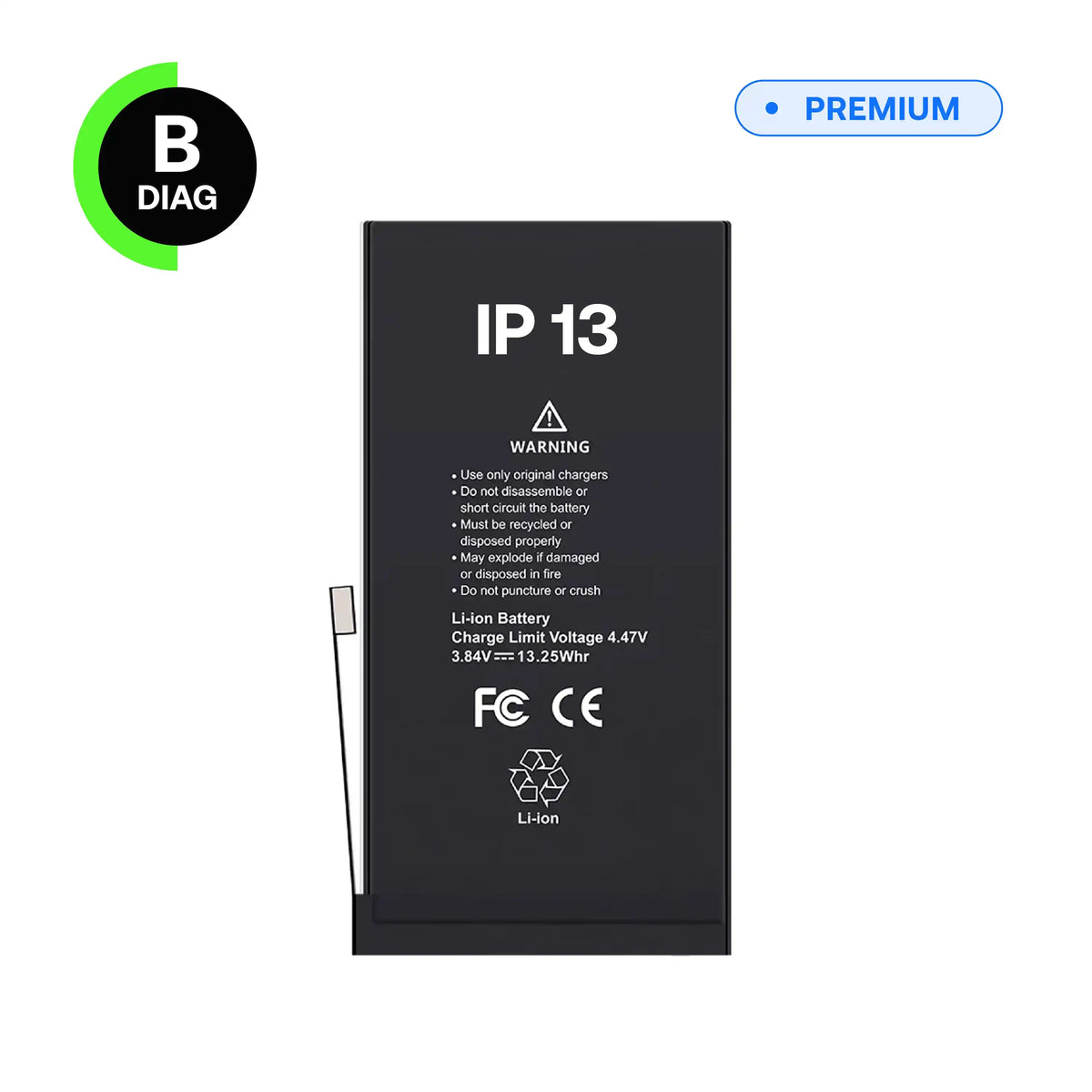 Diagnostic battery, B-Diag, for iPhone 13, front view with connector flex cable
