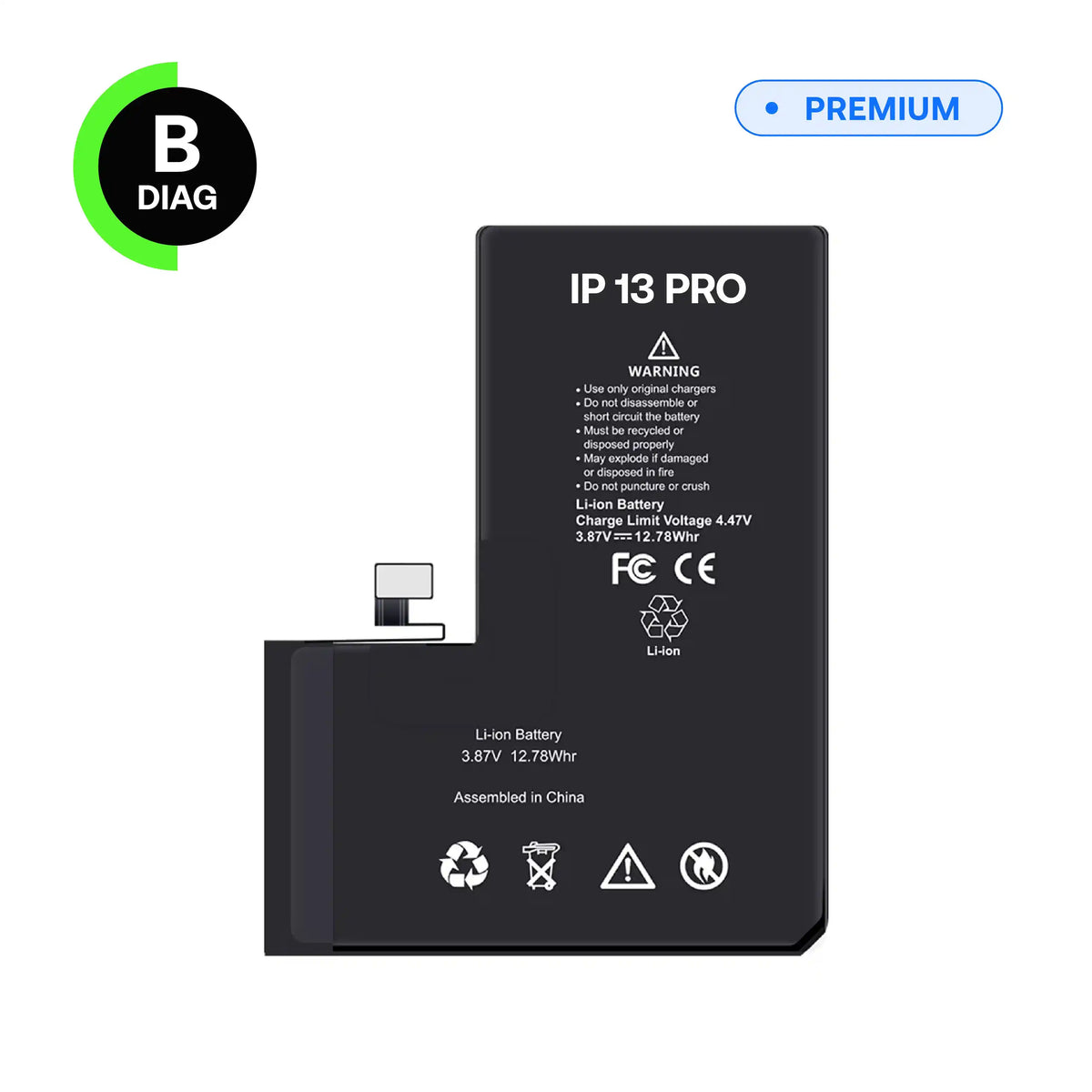 Diagnostic battery, B-Diag, for iPhone 13 Pro, front view with connector flex cable
