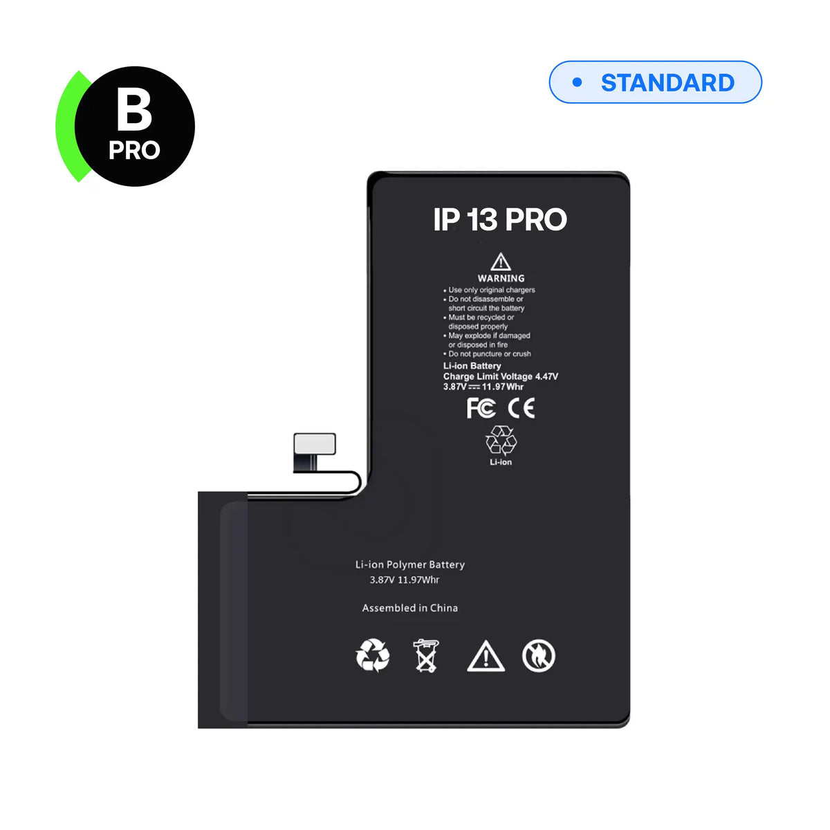Replacement battery, B-Pro, for iPhone 13 Pro, front view with connector flex cable