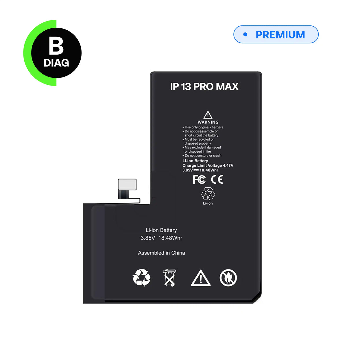 Diagnostic battery, B-Diag, for iPhone 13 Pro Max, front view with connector flex cable