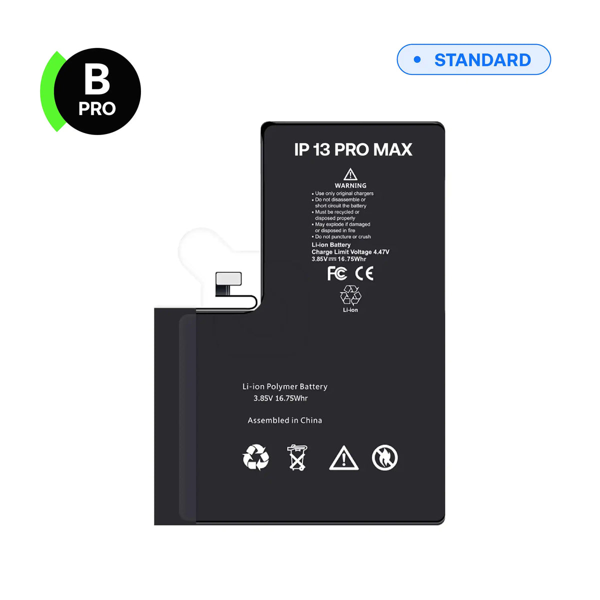 Replacement battery, B-Pro, for iPhone 13 Pro Max, front view with connector flex cable