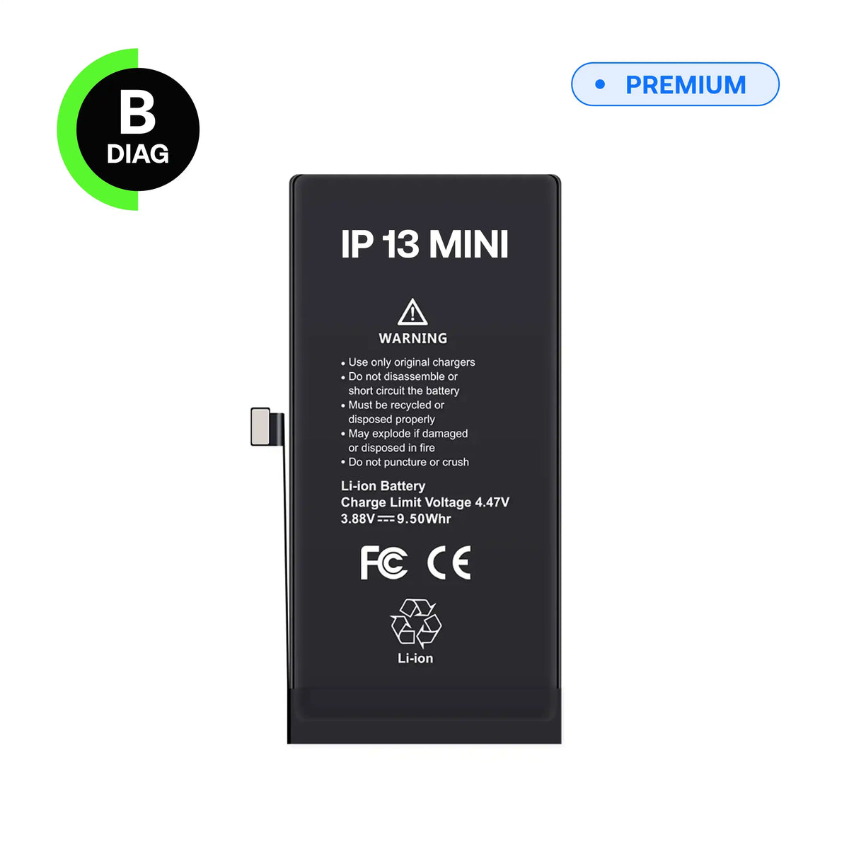 Diagnostic battery, B-Diag, for iPhone 13 Mini, front view with connector flex cable