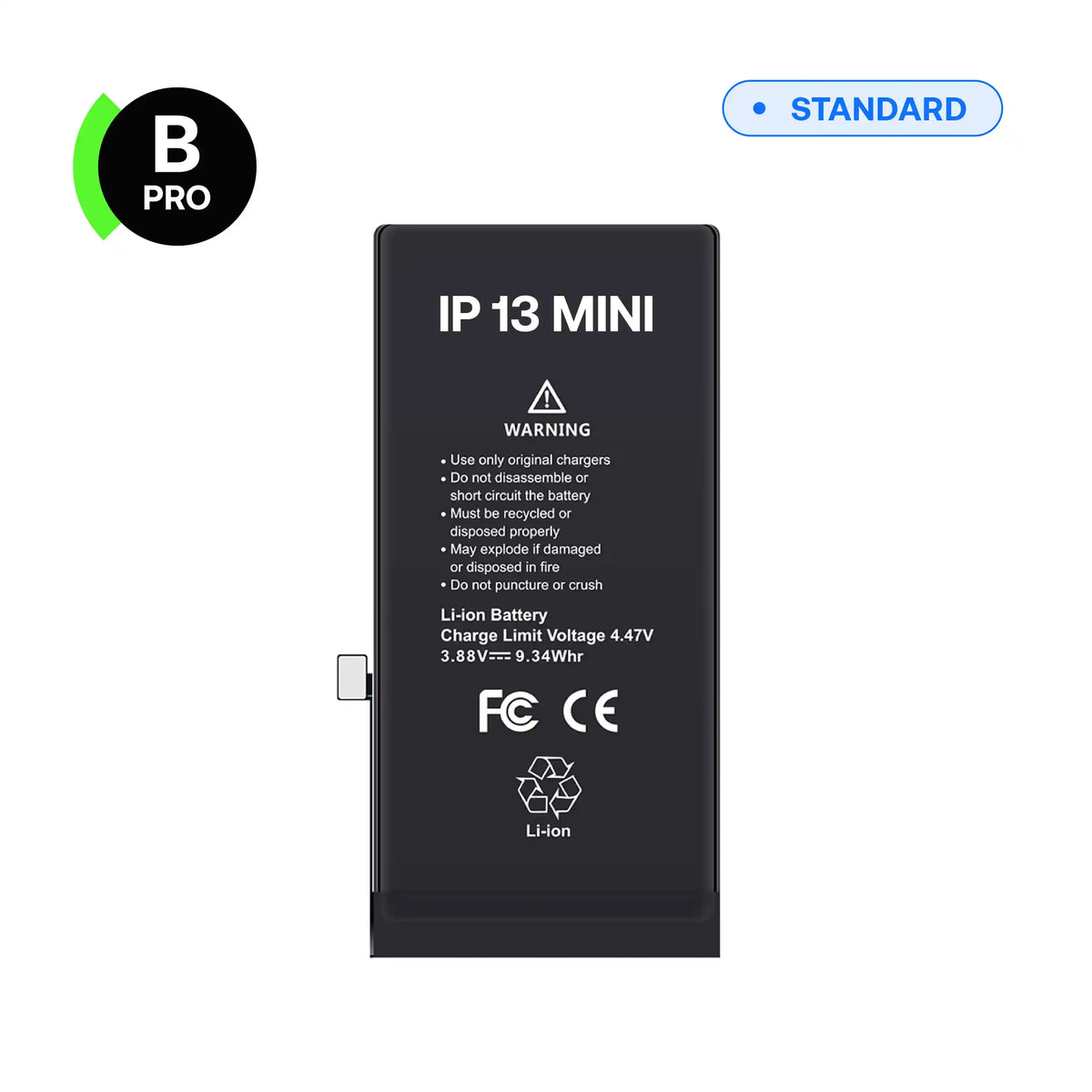 Batterie de remplacement B-Pro pour iPhone 13 Mini, vue avant avec nappe de connexion