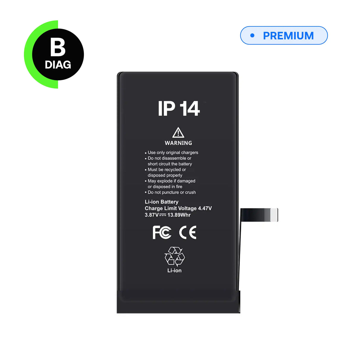 Diagnostic battery, B-Diag, for iPhone 14, front view with connector flex cable