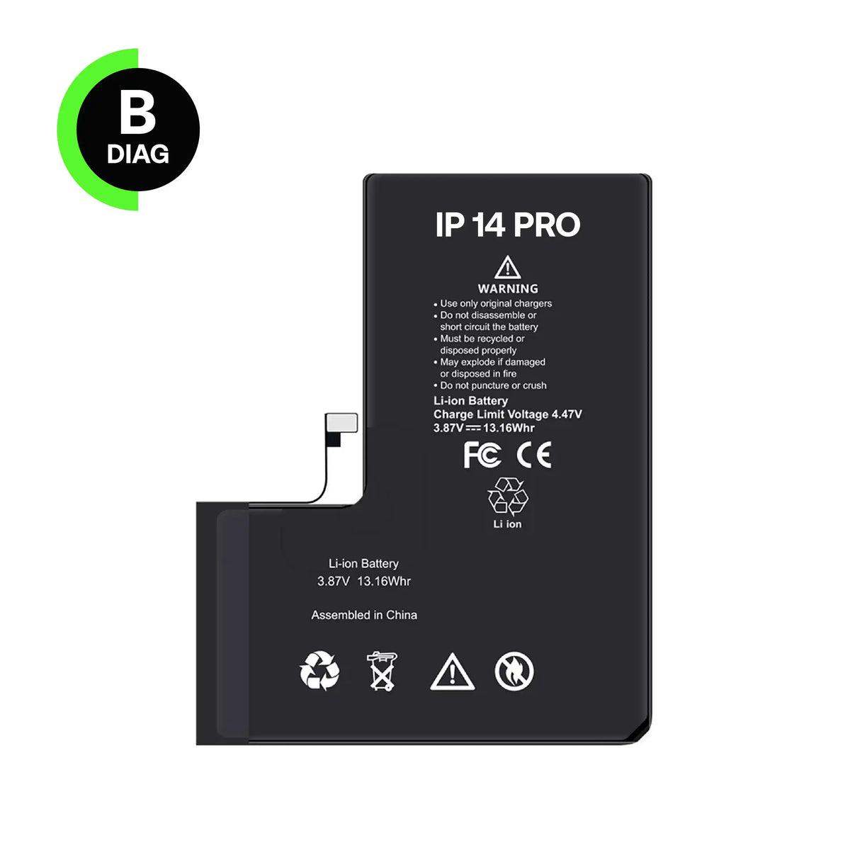 Diagnostic battery, B-Diag, for iPhone 14 Pro, front view with connector flex cable