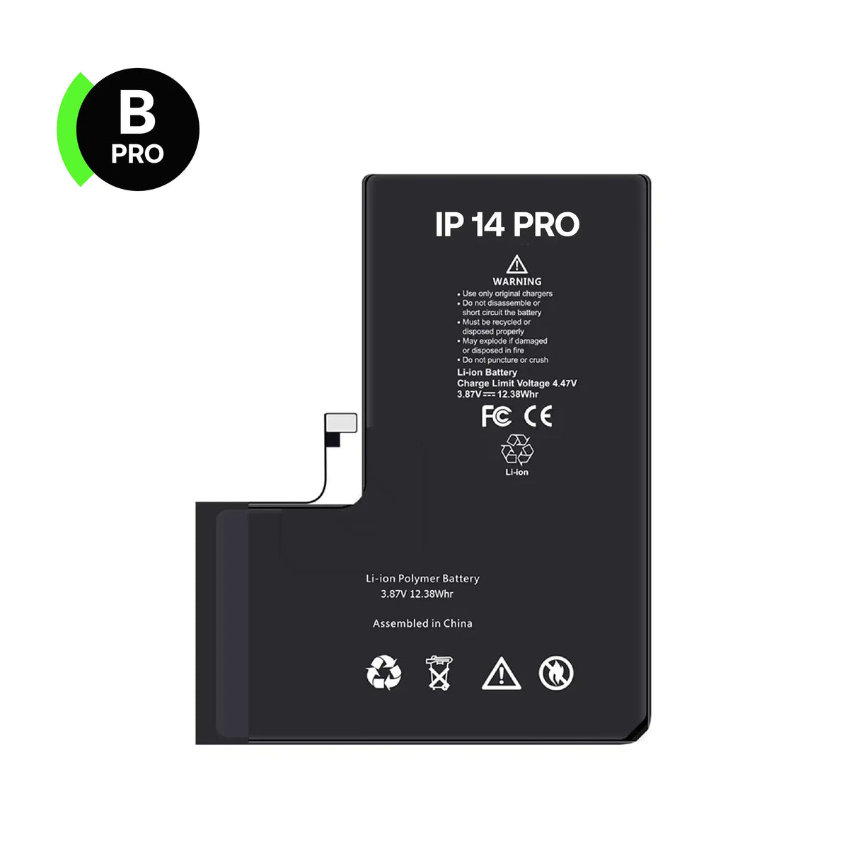Replacement battery, B-Pro, for iPhone 14 Pro, front view with connector flex cable
