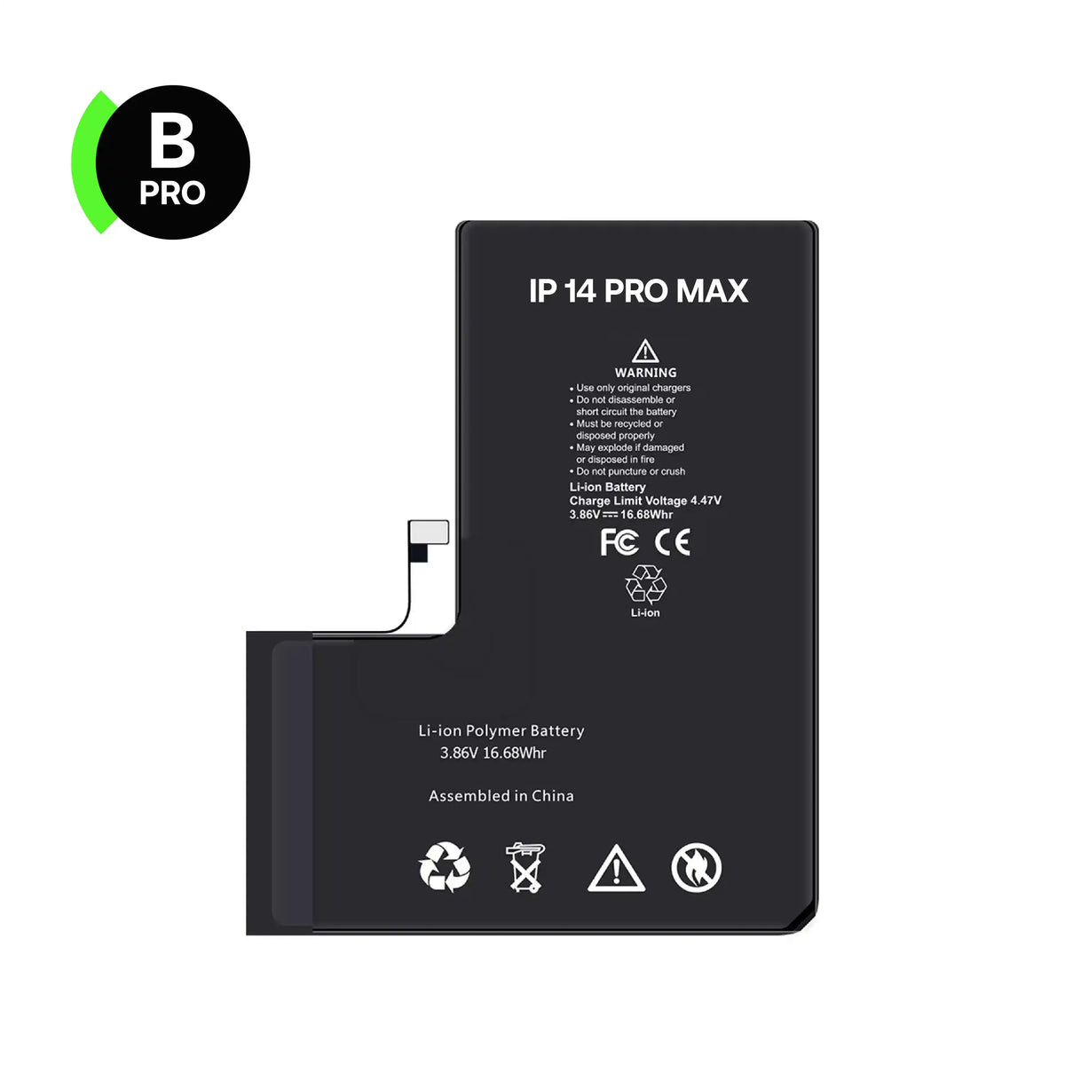 Replacement battery, B-Pro, for iPhone 14 Pro Max, front view with connector flex cable