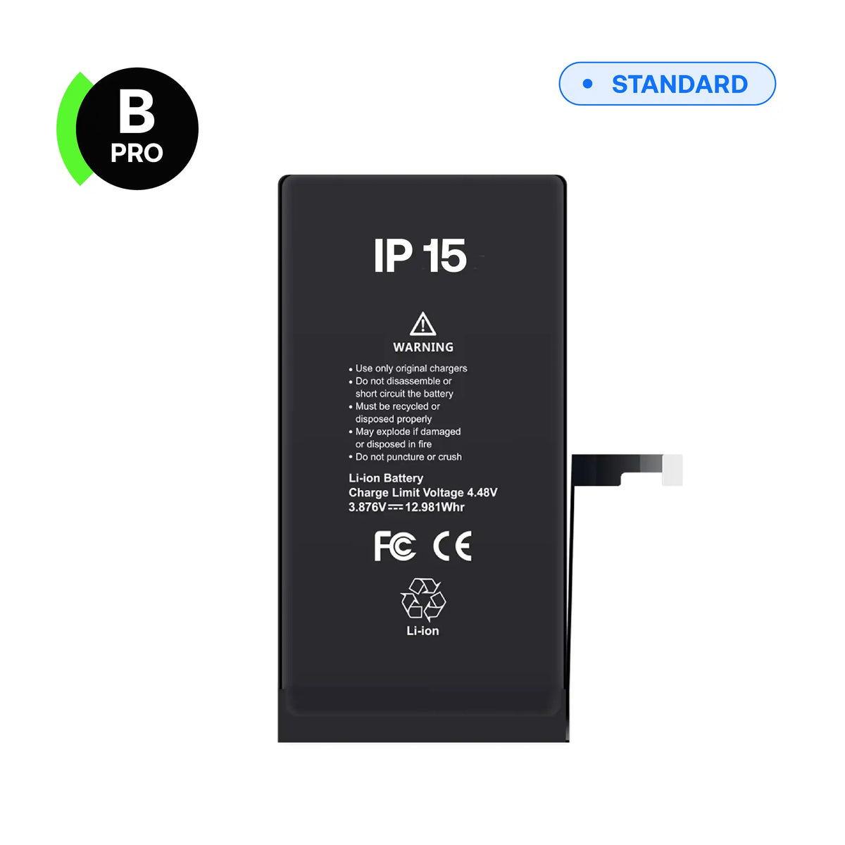 Replacement battery, B-Pro, for iPhone 15, front view with connector flex cable