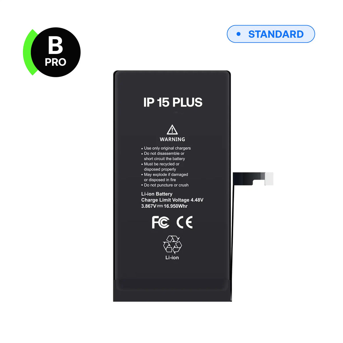 Batterie de remplacement B-Pro pour iPhone 15 Plus, vue avant avec nappe de connexion