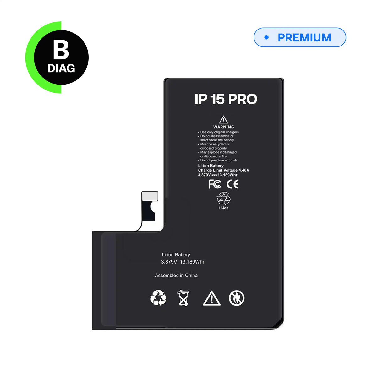 Diagnostic battery, B-Diag, for iPhone 15 Pro, front view with connector flex cable