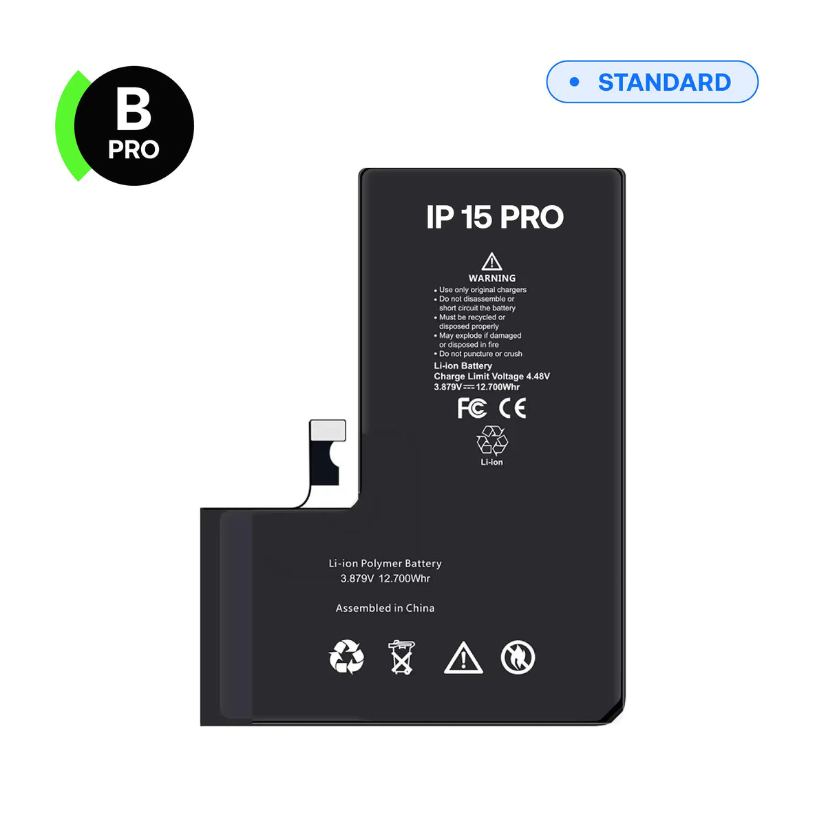 Replacement battery, B-Pro, for iPhone 15 Pro, front view with connector flex cable