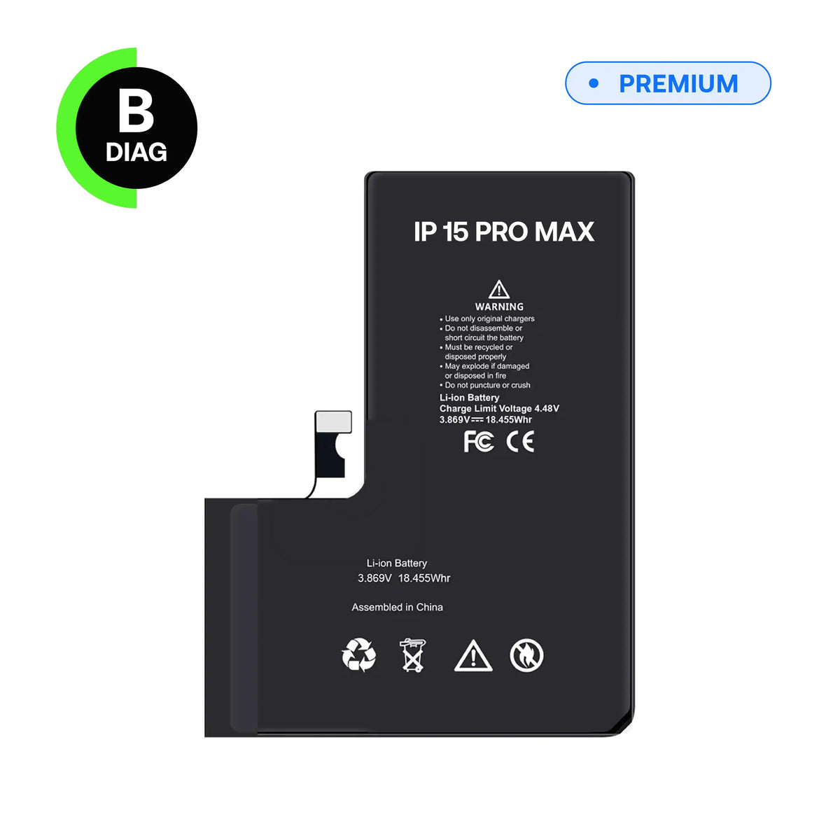 Batterie Diagnostic B-Diag pour iPhone 15 Pro Max, vue avant avec nappe de connexion