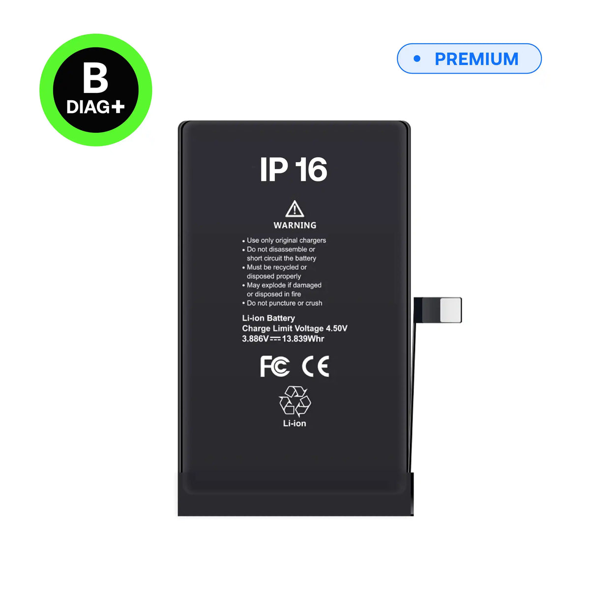 High-capacity Diagnostic battery, B-Diag+, for iPhone 16, front view with connector flex cable