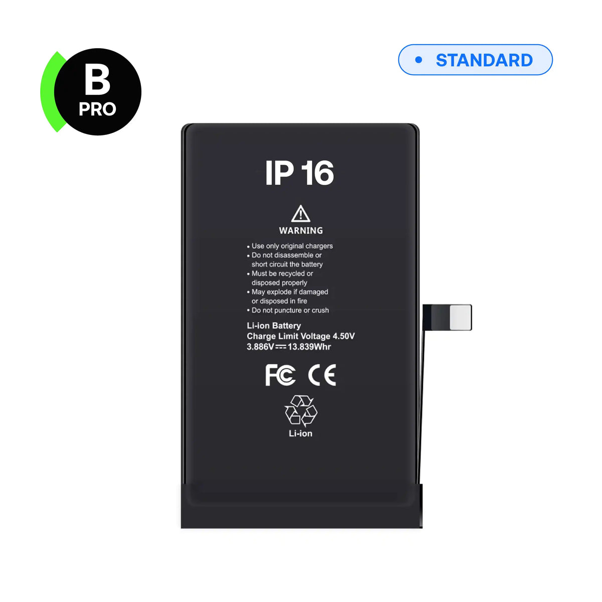 Batterie de remplacement B-Pro pour iPhone 16, vue avant avec nappe de connexion