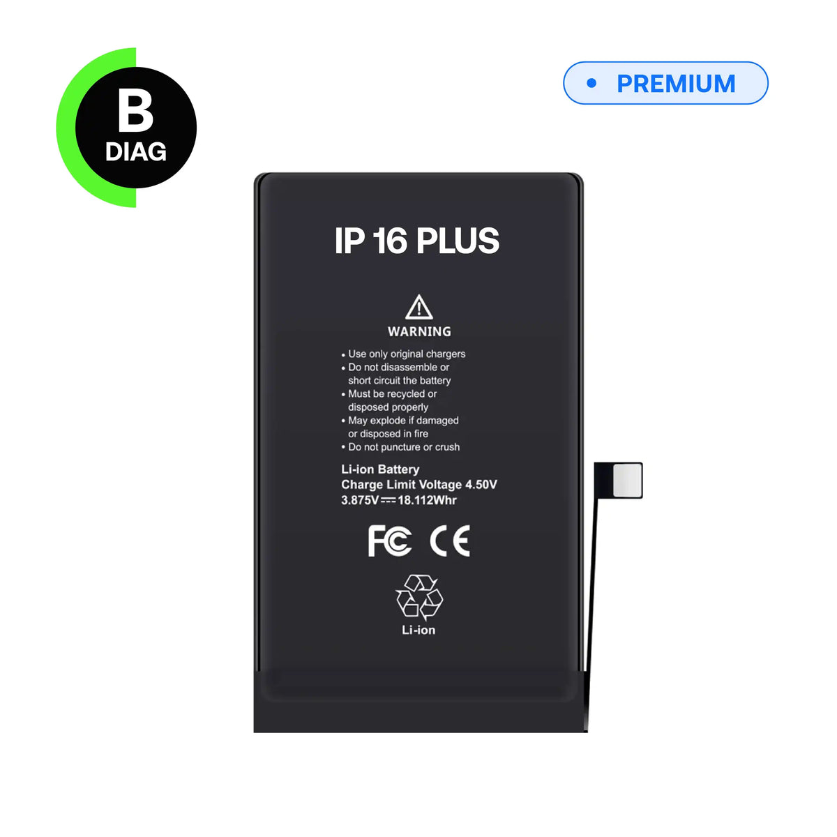 Batterie Diagnostic B-Diag pour iPhone 16 Plus, vue avant avec nappe de connexion