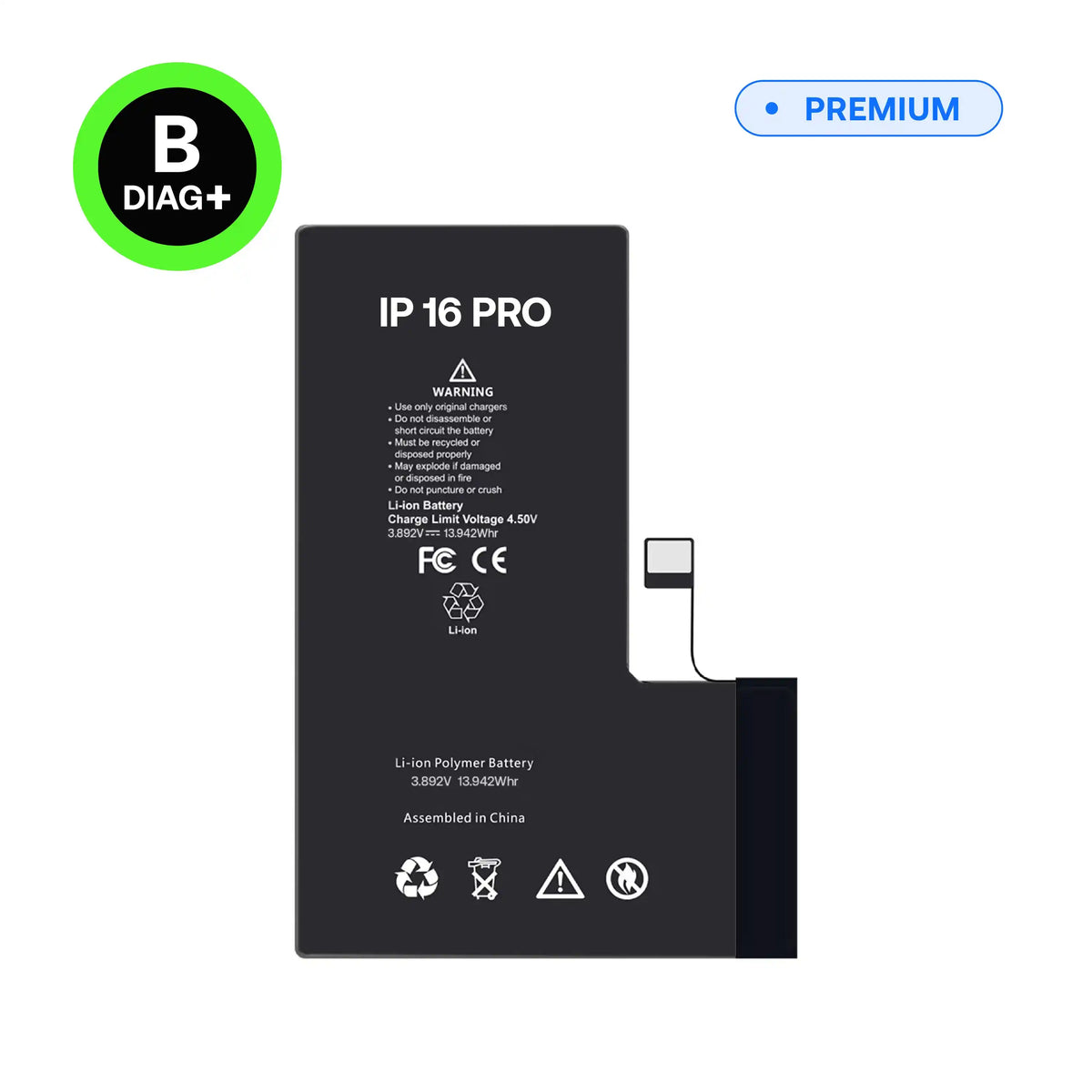 High-capacity Diagnostic battery, B-Diag+, for iPhone 16 Pro, front view with connector flex cable