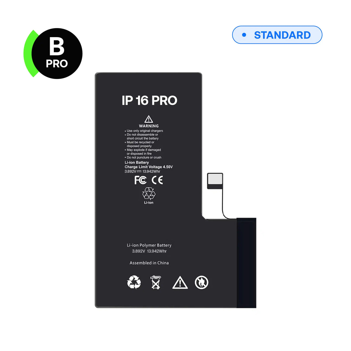 Batterie de remplacement B-Pro pour iPhone 16 Pro, vue avant avec nappe de connexion