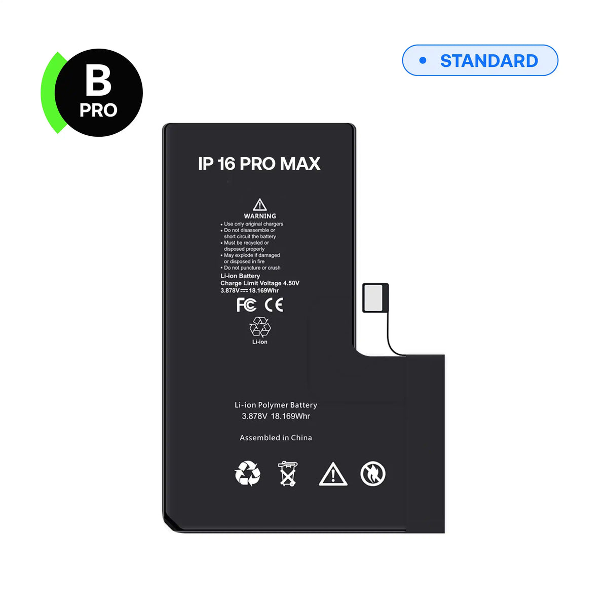 Batterie de remplacement B-Pro pour iPhone 16 Pro Max, vue avant avec nappe de connexion