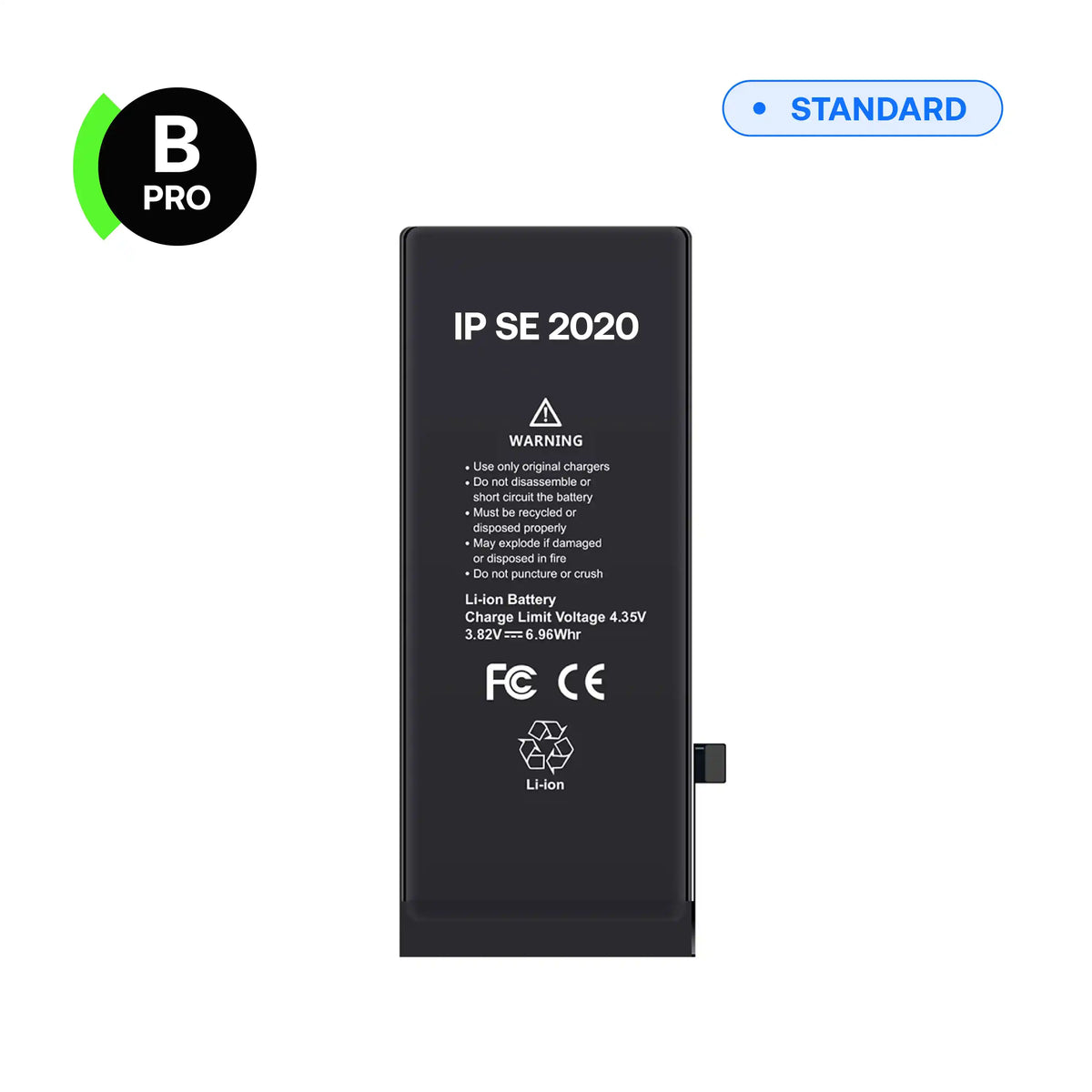 Replacement battery, B-Pro, for iPhone SE 2020, front view with connector flex cable