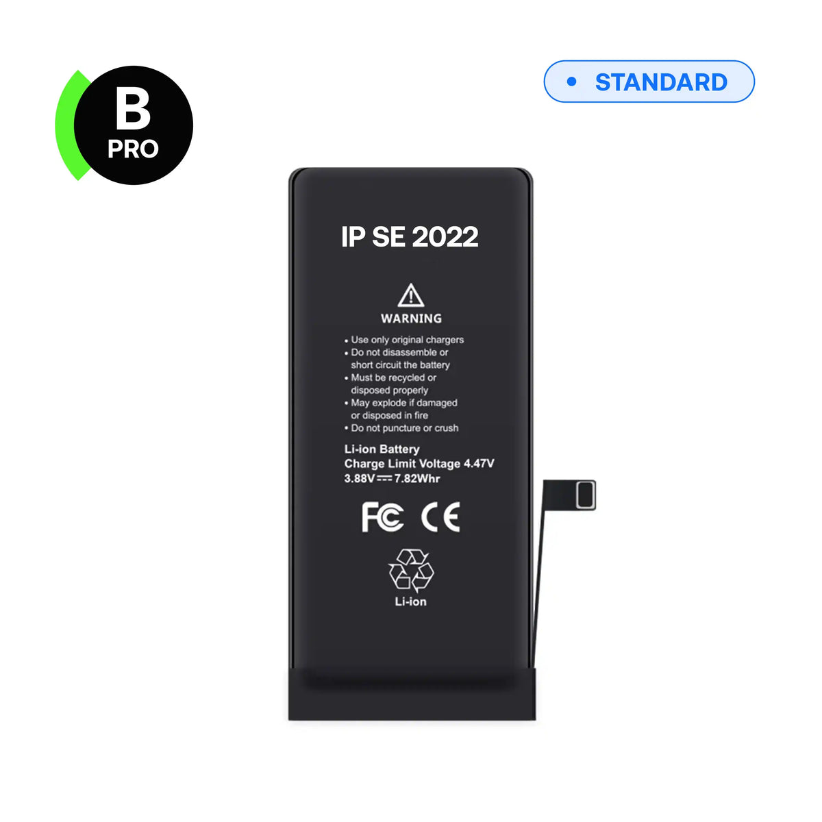 Replacement battery, B-Pro, for iPhone SE 2022, front view with connector flex cable