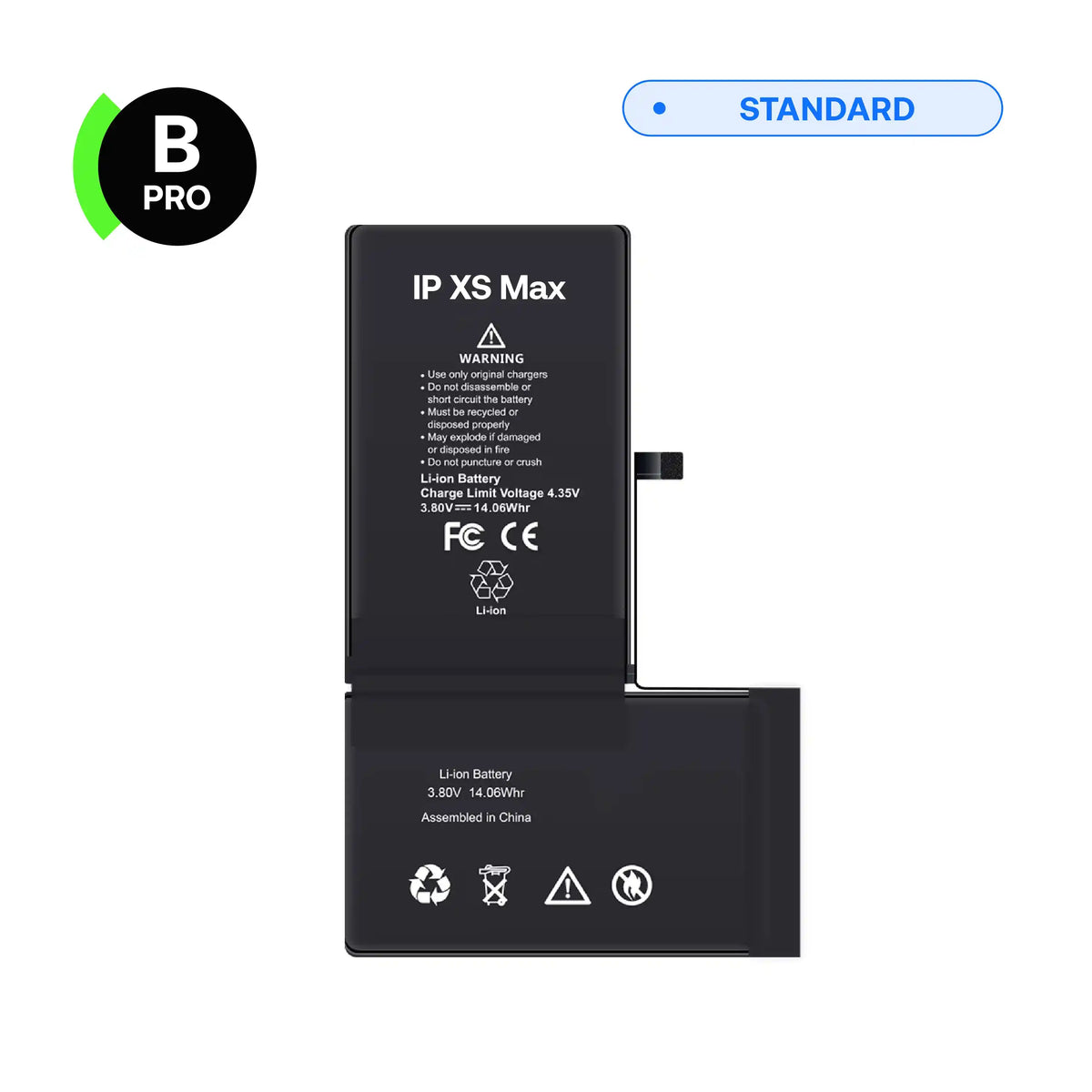 Replacement battery, B-Pro, for iPhone XS Max, front view with connector flex cable